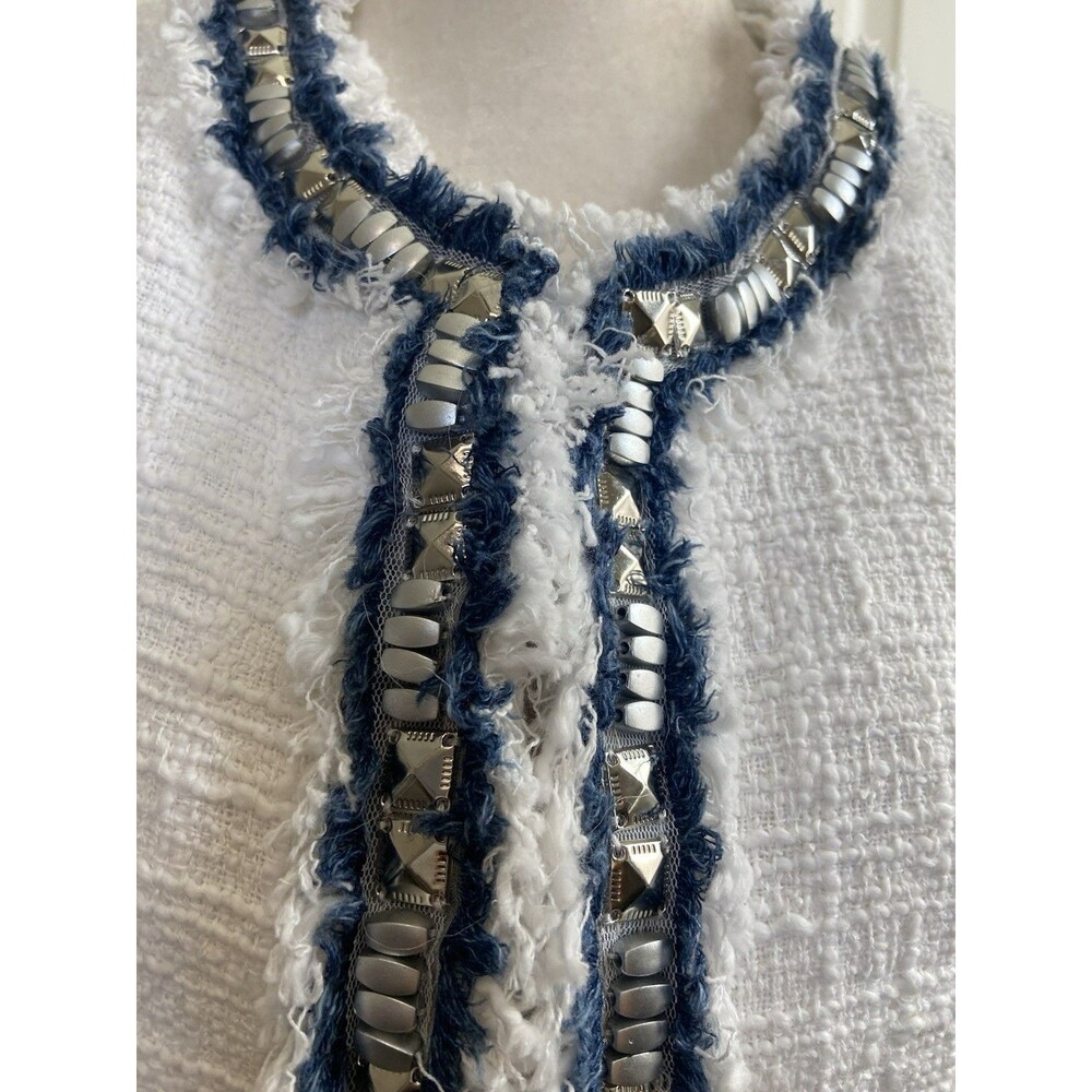 NEW Boston Proper Tweed Blazer Jacket Fringed Embellished White Blue Size 10 - Picture 4 of 12